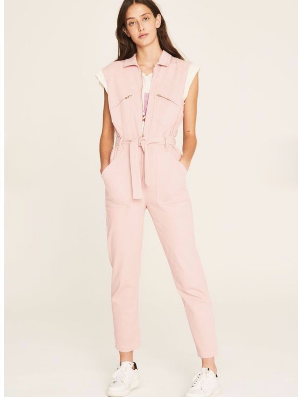 Ba+Sh cotton denim pink jumpsuit